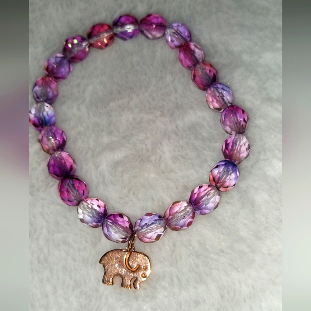 Purple Beaded Bracelet with Elephant Charm